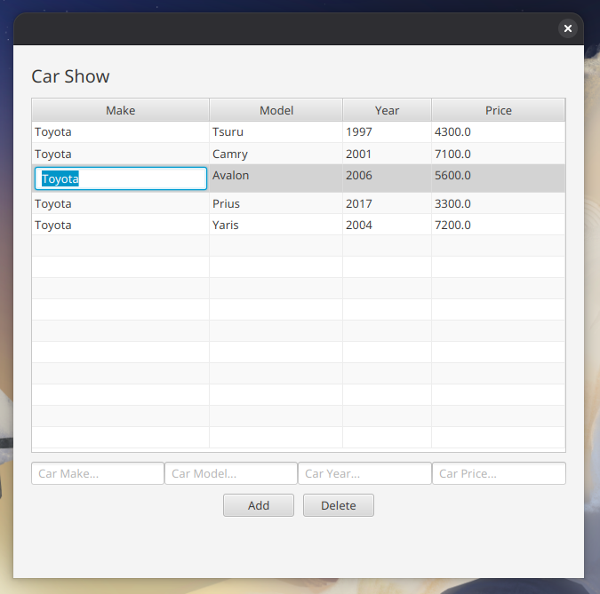 Screenshot of a table with information about cars.